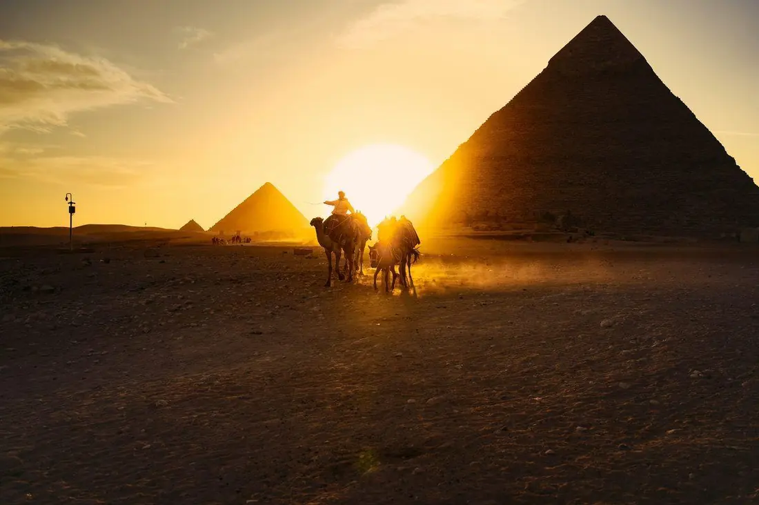Two camels walk across the desert at golden hour in front of the pyramids at Giza, with the sun low behind them.