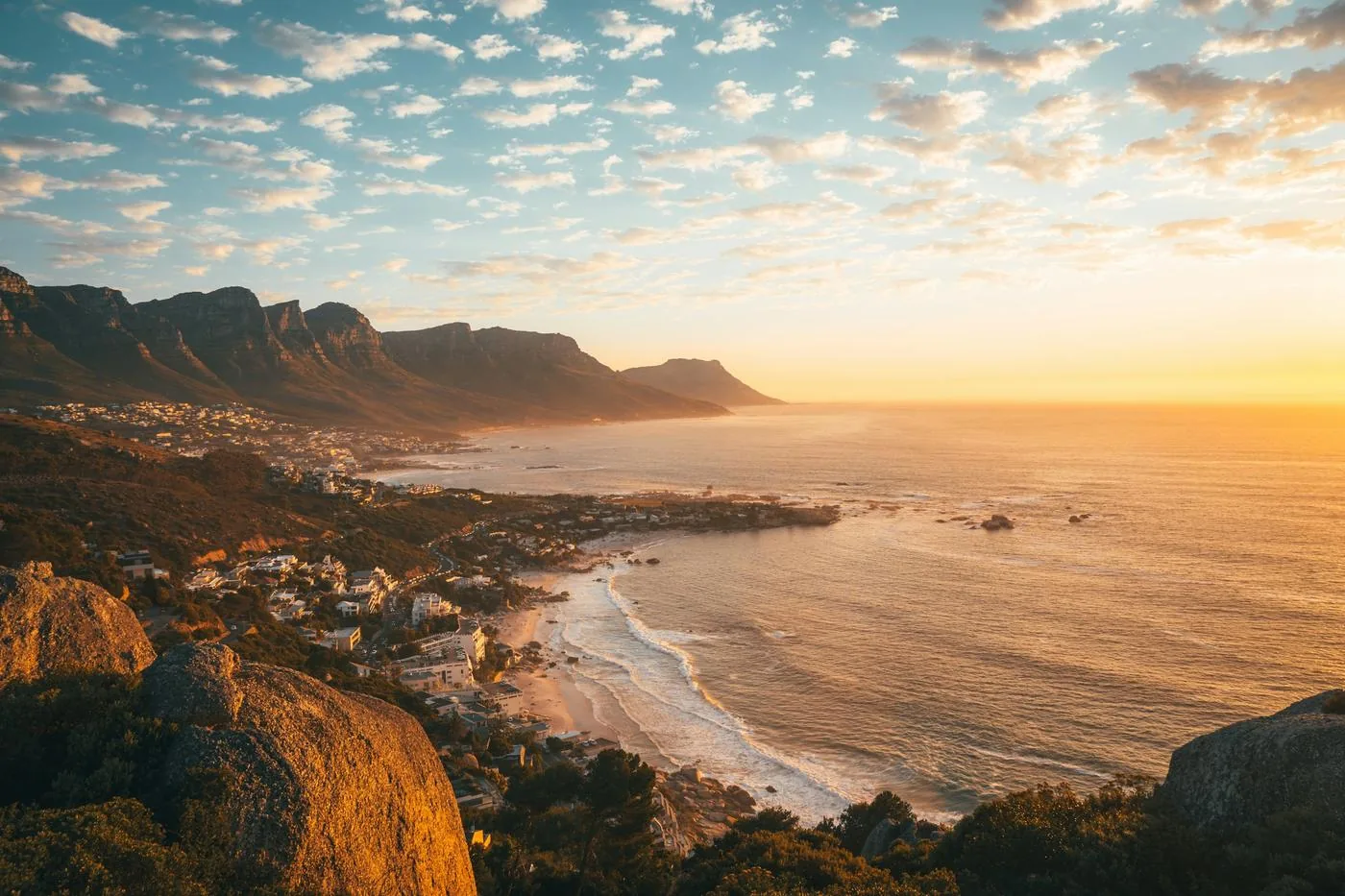 Golden hour over Camps Bay and the Twelve Apostles above the Atlantic, Cape Town