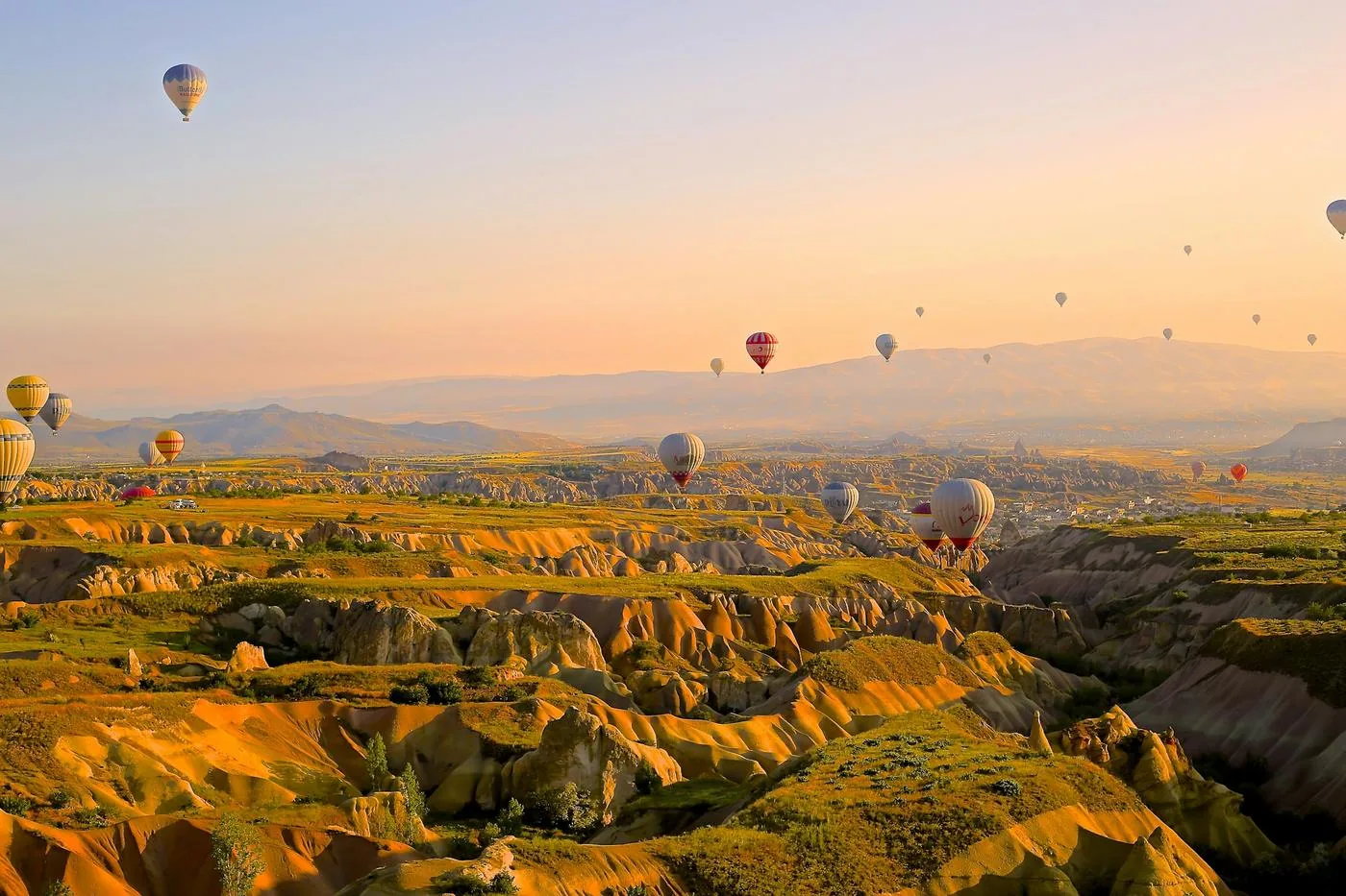 Hot air balloons rise over a valley of golden rock formations at sunrise.